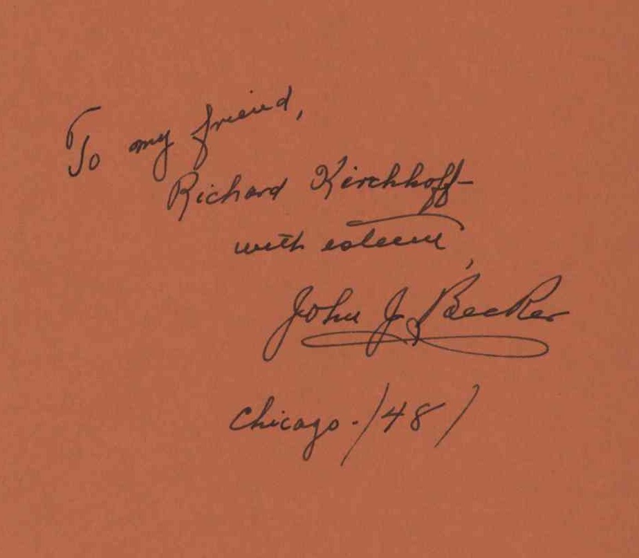 Becker, John J. - Signed biographical pamphlet